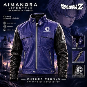 May include: A blue and black leather jacket featuring a stand-up collar with a snap button, a central metal zipper, and two chest pockets. The left chest and left sleeve display the Capsule Corp logo. The jacket includes metal hardware details.