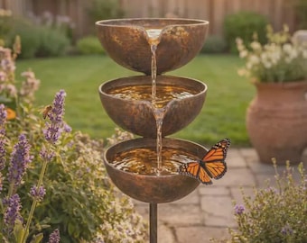 Cascading Bird Bath Fountain, 3-Tier Metal Bee Water Station, Pollinator Garden Feature, Outdoor Wildlife Yard Decor
