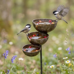 May include: A tiered bird bath featuring three stacked, dark brown, bowl-shaped basins supported by a central metal pole. Two black-capped chickadees are perched on the rims, with water and scattered berries visible inside each basin.