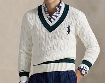 Ralph Lauren Wimbledon Schiedsrichter-Cricketpullover | Baumwoll-Zopfstrickpullover