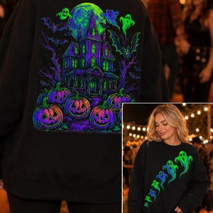 Halloween Front Back PNG, Neon Haunted House Sweatshirt Design, Ghost Flying Style PNG, Pumpkin Patch Halloween Shirt, Spooky Front Back PNG