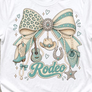 Turquoise Rodeo Bow PNG, Western Cowgirl Charm Design, Leopard Print Bow Sublimation, Country Western Pearl Concho PNG, Rodeo Shirt Graphic