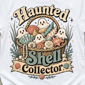 Spöklik snäcksamlare PNG, kustnära Halloween-spöke-snäckskorg, retro strandhäxig sublimeringsdesign, söt läskig havströja PNG