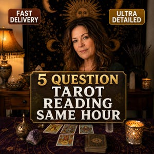 May include: A tarot reading service featuring a dark sign with gold text reading 5 QUESTION TAROT READING SAME HOUR. The scene includes a person, a lamp, candles, crystals, and tarot cards arranged on a purple cloth with celestial patterns.