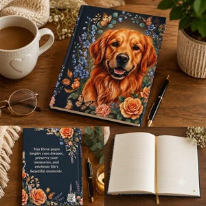 Golden Retriever Portrait Journal, Floral Wreath Notebook, Pet Memory Keeper, Dog Mom Gift