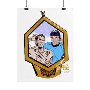 May include: A framed illustration in a gold hexagonal border showing a shirtless man shaving his face while a person in a blue shirt applies blue eyeshadow. The text R.T.R 2026 AFTER ERNEST CHIRIACKA is printed in the bottom right corner of the frame.