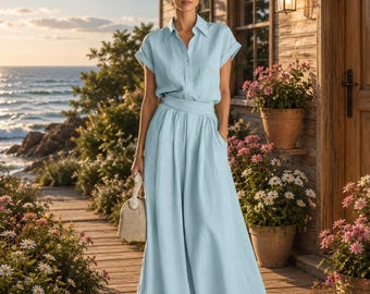 Leinenmischgewebe-Hosen-Set mit weitem Bein, dazu passende Bluse mit Kragen, Urlaubsoutfit