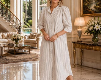 Striped Midi Shirt Dress, Frilled Collar, Half Sleeve Cotton Blend, Button-Front, Pockets