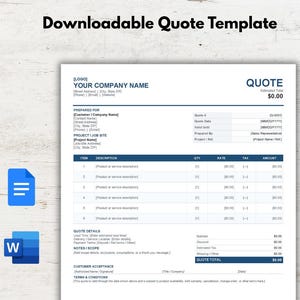 May include: A downloadable quote template document featuring a professional layout with sections for company information, customer details, project site, itemized lists with quantity, rate, tax, and amount columns, plus quote totals and terms.