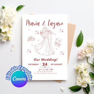 Puede incluir: Una tarjeta de invitación de boda blanca con un dibujo lineal rojo de una pareja bailando, dos anillos de boda y dos copas de champán. El texto dice Maria & Lazaro, Our Wedding, Saturday 24 of August at 11:00 AM, 123 Any Street.