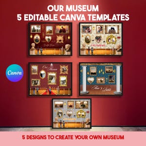 Puede incluir: Cinco plantillas editables de Canva con diseños de temática de museo, marcos dorados ornamentados, alfombras rojas y postes de guía. El texto dice OUR MUSEUM 5 EDITABLE CANVA TEMPLATES, Our Museum, Nuestra Museum, Ana y Pablo y 5 DESIGNS TO CREATE YOUR OWN MUSEUM.