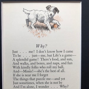 1930 G L STAMPA mounted terrier dog ball Why poem print illustration mounted Birthday Christmas Thanksgiving dog gift