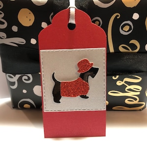 Scottish terrier dog gift tags Handmade Scottie 4 gift tags set Christmas silver black red  4 x 2 inches Dog lover gift Die cut dog