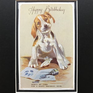 MABEL GEAR Vintage Valentines post card mounted picture gift Hound dog Happy Birthday card No.3890 Christmas Birthday