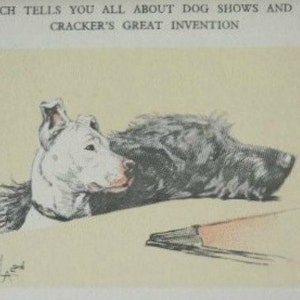 May include: An illustration of a dog lying down, with a white head and a black body. The dog is resting on a light yellow surface. The image includes text at the top: "WHICH TELLS YOU ALL ABOUT DOG SHOWS AND OF CRACKER'S GREAT INVENTION."