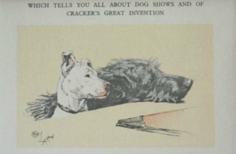 May include: An illustration of a dog lying down, with a white head and a black body. The dog is resting on a light yellow surface. The image includes text at the top: "WHICH TELLS YOU ALL ABOUT DOG SHOWS AND OF CRACKER'S GREAT INVENTION."