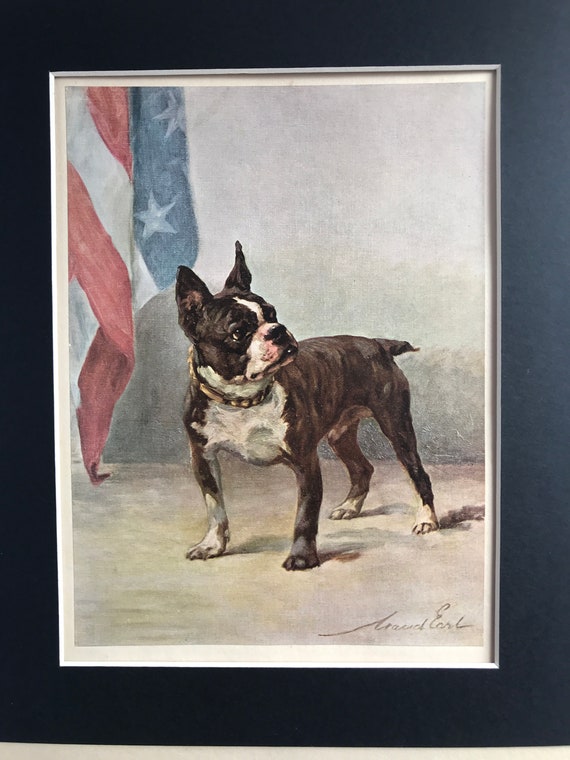 LADY WITH HER BOSTON TERRIER VINTAGE STYLE DOG ART PRINT READY MATTED 