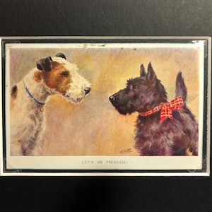 FLORENCE E VALTER vintage écossais Scottie Airedale Terrier chien signé Valentine & sons série n° 1914 carte postale photo cadeau anniversaire