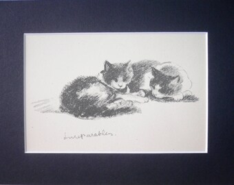 Vintage 1946 "Inseparables" Cat Print by Lucy Dawson, Matted