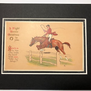 Anni '90 Cecil Aldin Horse Serie vintage che salta Tally ho Cartolina di buon Natale montata Articolo da collezione Regalo di Natale