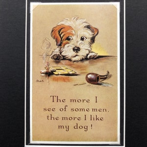 Postal vintage VALENTINE TAILWAGGER de Lucy Dawson Mac n.° 2327 con un cachorro de SEALYHAM Terrier y hombres, regalo de Navidad, cumpleaños y Acción de Gracias