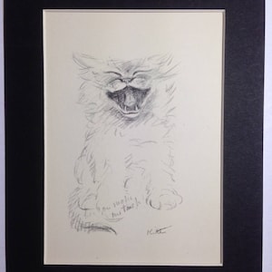 May include: A black and white pencil drawing of a kitten with its mouth open, as if it is yawning. The drawing is signed "Kitten" in the bottom right corner.