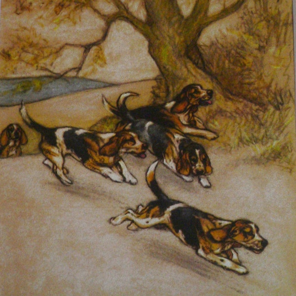 1947 BEAGLE HOUND dog Vintage signed original Vernon Stokes mounted dog bookplate print Unique gift