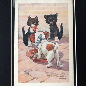 Vintage Dog postal M Knight & A Kennedy C W Faulkner serie Comic Cat gatito Perro firmado Londres serie 1646 montado regalo Navidad Cumpleaños