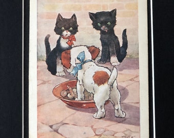 Vintage Dog postcard M Knight & A Kennedy C W Faulkner series Comic Cat kitten Dog signed London series 1646 mounted gift Christmas Birthday