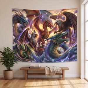 May include: A rectangular wall tapestry featuring a vibrant fantasy illustration of multiple dragons and a griffin in a dynamic composition. The scene includes blue, red, and green dragons with wings spread, surrounded by swirling purple energy effects.