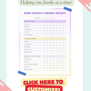 May include: A white kids weekly chore chart with purple, yellow, and blue headers. The text reads Shop Bysolarastone, Helping one family at a time!, Kids Weekly Chore Chart, and Click Here To Customize!. It includes columns for days of the week.