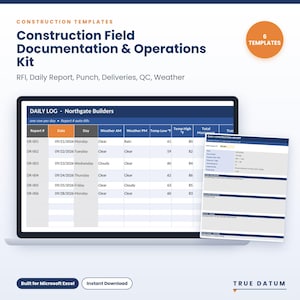 Puede incluir: Un kit digital de documentación y operaciones de construcción con seis plantillas para Microsoft Excel. La pantalla muestra una hoja de cálculo de registro diario para Northgate Builders con columnas para el clima y temperaturas.