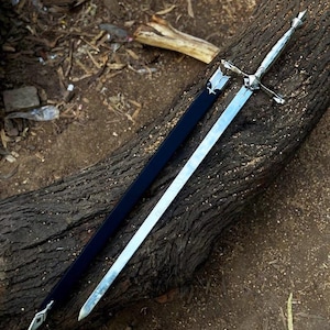 May include: A silver-toned metal sword with a pointed blade, a crossguard, and a pommel, accompanied by a long, black scabbard featuring silver-toned metal accents at the throat and the chape. The sword and scabbard are laid out on a textured log.
