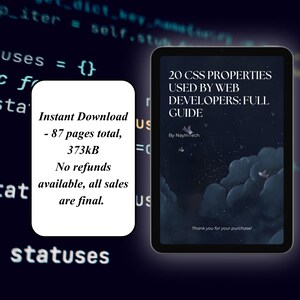 K&ouml;nnte beinhalten: Ein digitaler Leitfaden mit dem Titel 20 CSS PROPERTIES USED BY WEB DEVELOPERS: FULL GUIDE von NayInTech, angezeigt auf einem Tablet-Bildschirm. Das Cover zeigt einen dunkelblauen Nachthimmel mit Wolken und V&ouml;geln. Der Text umfasst 87 Seiten und 373kB.