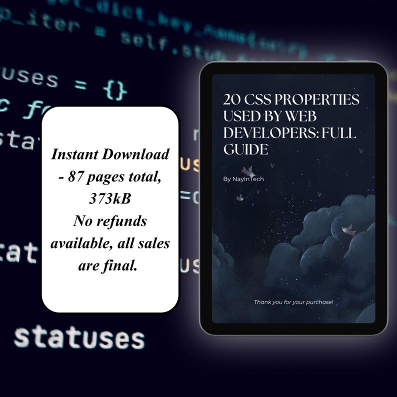 K&ouml;nnte beinhalten: Ein digitaler Leitfaden mit dem Titel 20 CSS PROPERTIES USED BY WEB DEVELOPERS: FULL GUIDE von NayInTech, angezeigt auf einem Tablet-Bildschirm. Das Cover zeigt einen dunkelblauen Nachthimmel mit Wolken und V&ouml;geln. Der Text umfasst 87 Seiten und 373kB.