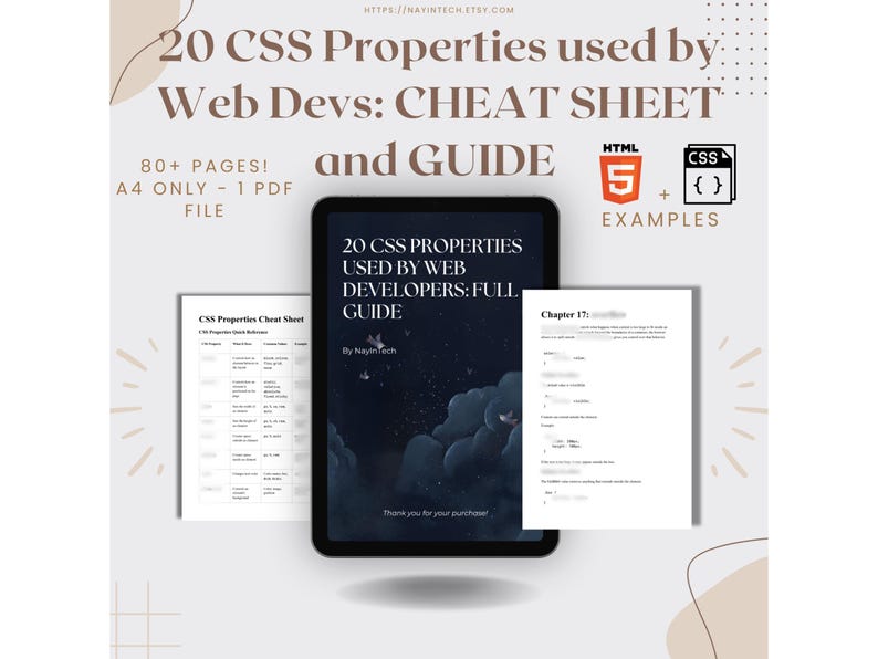 K&ouml;nnte beinhalten: Ein digitaler Leitfaden mit dem Titel 20 CSS Properties used by Web Devs: CHEAT SHEET and GUIDE, bestehend aus &uuml;ber 80 Seiten im A4-Format. Die Darstellung zeigt ein zentrales Tablet mit dem Cover, flankiert von einer Tabelle und einer Beispielseite.