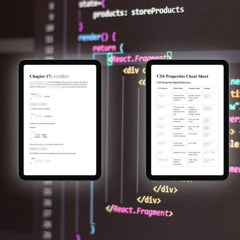 K&ouml;nnte beinhalten: Zwei schwarze Tablets zeigen Bildungsinhalte vor einem dunklen Hintergrund mit Code. Das linke Tablet zeigt Text zu Kapitel 17 und Code-Schnipsel. Das rechte Tablet zeigt eine Tabelle mit einem CSS Properties Cheat Sheet und Werten.