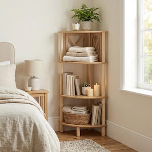 Op de afbeelding: Een hoekrek van licht hout met vier niveaus. De bovenste plank bevat een varen in een pot en een kaars. De tweede plank bevat opgevouwen beige handdoeken. De derde plank bevat boeken, een kleine vetplant en twee kaarsen. De onderste plank bevat opgevouwen handdoeken en een gevlochten mand.