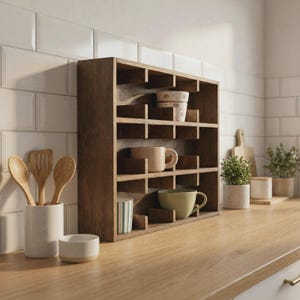 Może przedstawiać: Ciemnobrązowy drewniany organizer ścienny z wieloma kwadratowymi przegr&oacute;dkami. Mebel mieści r&oacute;żne ceramiczne kubki i filiżanki w r&oacute;żnych kolorach i wzorach. Znajduje się na drewnianym blacie obok białego pojemnika na przybory kuchenne.