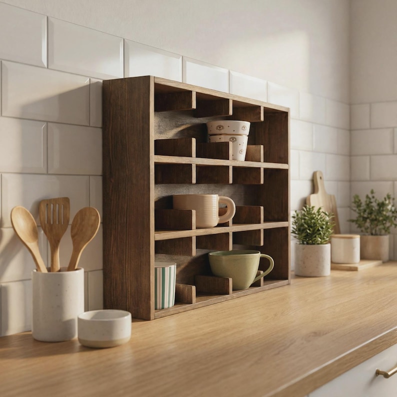 Może przedstawiać: Ciemnobrązowy drewniany organizer ścienny z wieloma kwadratowymi przegr&oacute;dkami. Mebel mieści r&oacute;żne ceramiczne kubki i filiżanki w r&oacute;żnych kolorach i wzorach. Znajduje się na drewnianym blacie obok białego pojemnika na przybory kuchenne.