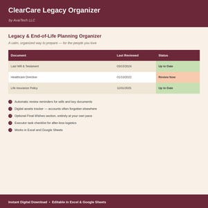 Legacy and End-of-Life Planning Organizer | Estate Planning Spreadsheet | Excel & Google Sheets Template | Instant Download
