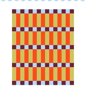 May include: A quilt pattern titled Along the Lines by DIY OR CRY featuring a repeating geometric design of vertical rectangular blocks in orange and olive green, separated by horizontal rows of alternating light blue and dark maroon squares.