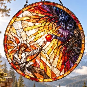 May include: A circular stained glass panel featuring a detailed scene of a human figure in a white shirt reaching toward a dark, winged creature holding a bright red apple. The artwork uses vibrant orange, yellow, and purple glass segments.