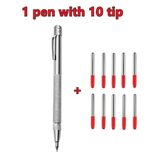 May include: A silver metal pen with a textured grip and a pocket clip, accompanied by ten replacement tips featuring red plastic ends. The text "1 pen with 10 tip" is displayed in red above the items, with a red plus sign between the pen and tips.