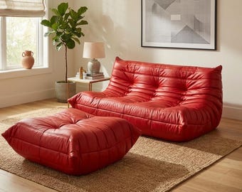 Postmodern Red Leather Modular Loveseat Ottoman | Quilted Floor Sofa Set