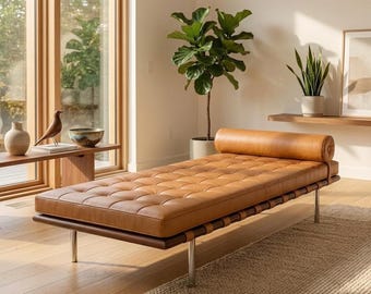 Tufted Leather Daybed | Walnut, Steel, Mid-Century Modern Chaise Lounge