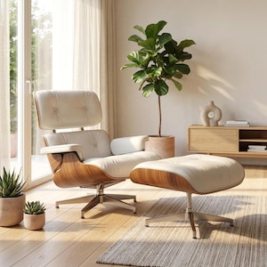 Mid-Century Modern witte leren fauteuil met voetenbank | Zitting van gevormd walnoothout