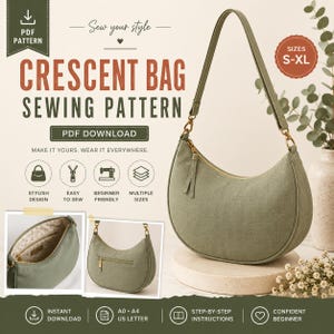 Crescent Bag Sewing Pattern PDF, Crossbody Half Moon Bag Pattern, Curved Shoulder Bag, S-XL Multi Size, A0 A4 Letter Download