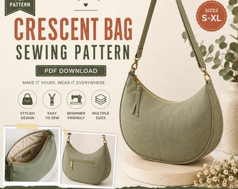 Patrón de costura en PDF para bolso en forma de media luna, bolso cruzado tipo bandolera, bolso de hombro curvo, varios tamaños (S-XL), formatos A0, A4 y Carta.