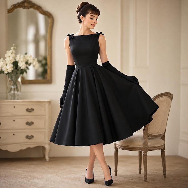 May include: A black midi dress featuring a boat neckline, sleeveless bodice with small bows on the shoulders, and a full, flared skirt. The garment is paired with long, matching black opera-length gloves that extend past the elbows.
